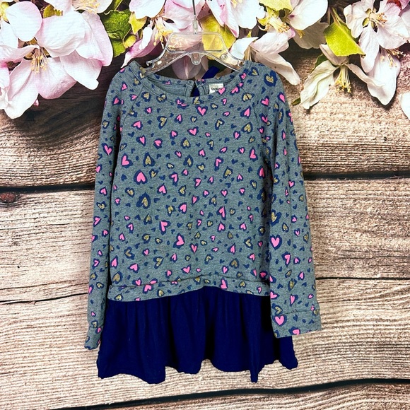 SOLD 🛍️ Oshkosh Toddler Girls Cotton Gray Blue Pink Hearts Flared Hem Dress - Picture 1 of 7